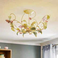 Taklampe BUTTERFLY, krem/grønn/rosa, stål, 5 lyskilder