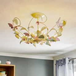 Taklampe BUTTERFLY, krem/grønn/rosa, stål, 3 lyskilder