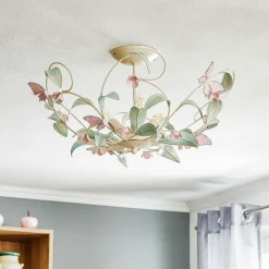 Taklampe BUTTERFLY, krem/grønn/rosa, stål, 3 lyskilder