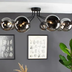 Taklampe Neptune svart, åtte røykglass-kuler