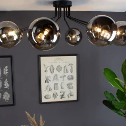 Taklampe Neptune svart, åtte røykglass-kuler