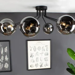 Taklampe Neptune svart, åtte røykglass-kuler