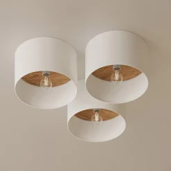 Taklampe Telesto, hvit, Ø 35 cm, stoff, tre, stål