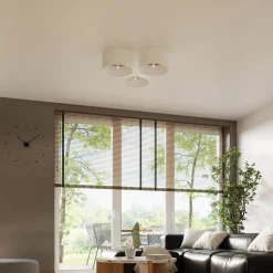 Taklampe Telesto, hvit, Ø 35 cm, stoff, tre, stål