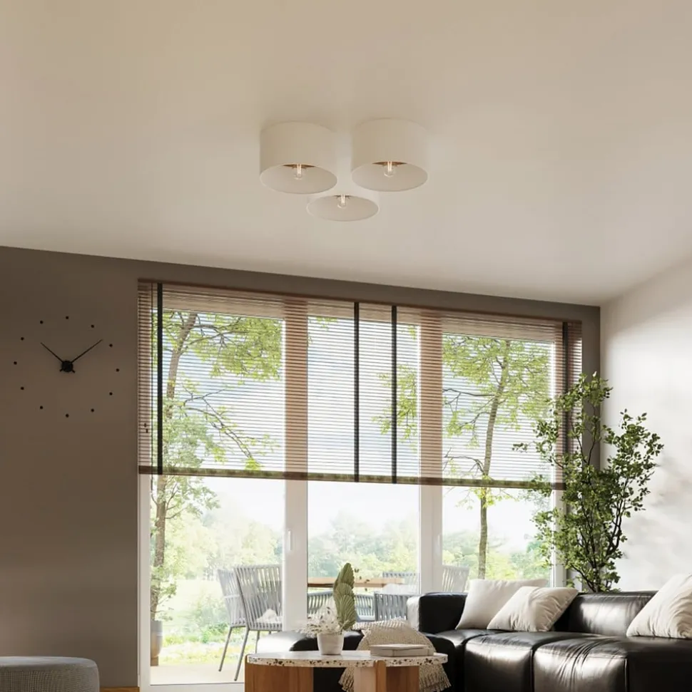 Taklampe Telesto, hvit, Ø 35 cm, stoff, tre, stål