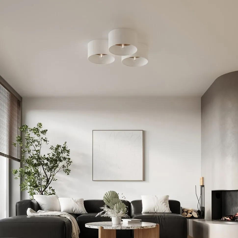 Taklampe Telesto, hvit, Ø 35 cm, stoff, tre, stål