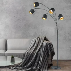 Tommy gulvlampe, svart/gull, høyde 200 cm, 5-lys, stoff
