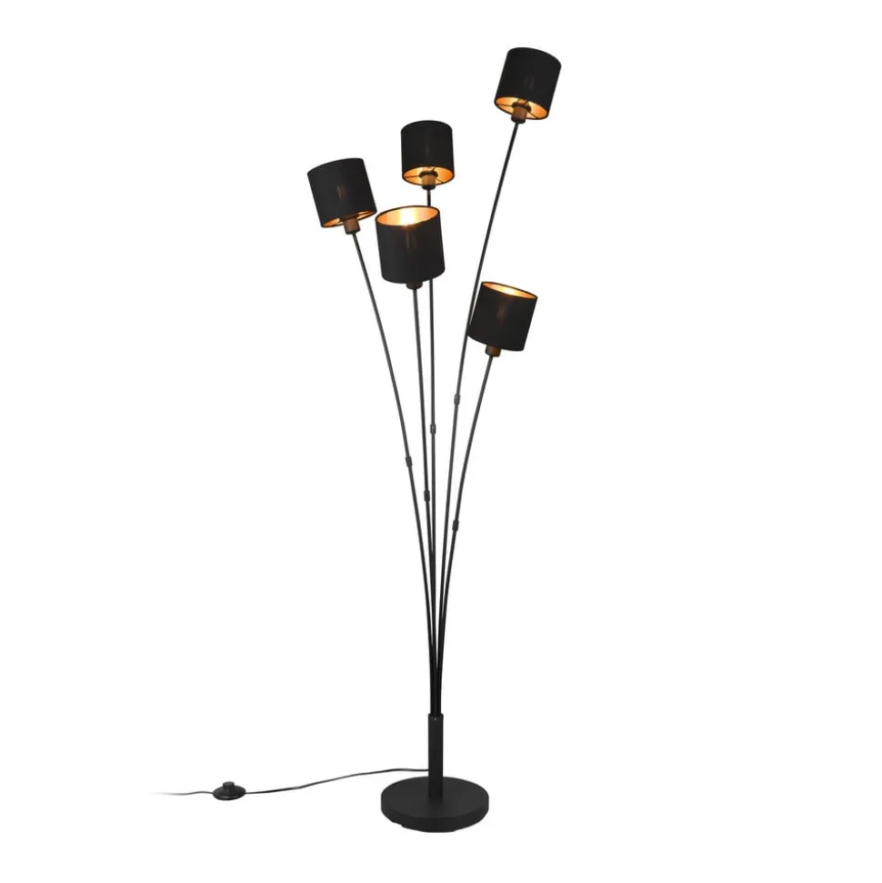 Tommy gulvlampe, svart/gull, høyde 163 cm, 5-lys stoff