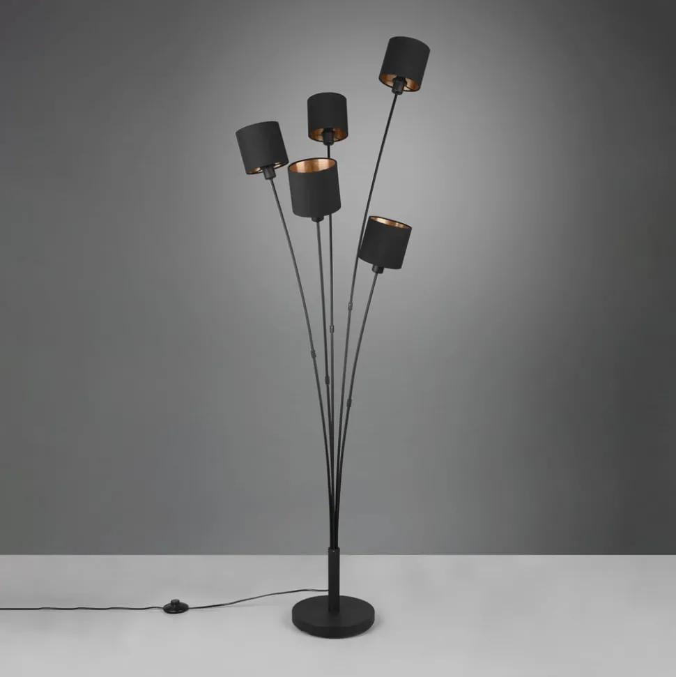 Tommy gulvlampe, svart/gull, høyde 163 cm, 5-lys stoff