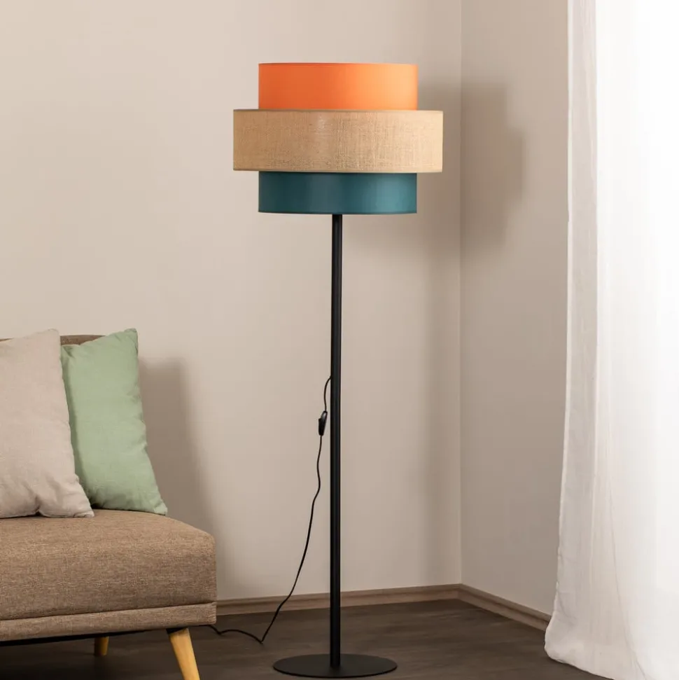 Trio gulvlampe, jute skjerm, oransje/naturbrun/petrol
