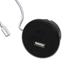 USB-A stikkontakt + USB-C, svart møbelinstallasjon 24V inngang 20W