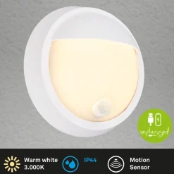 Utendørs LED-vegglampe 3785016 hvit bevegelsessensor Ø 17 cm