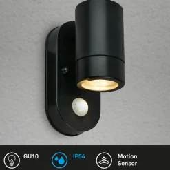 Utendørs vegglampe med sensor 3789015, svart, plast, GU10