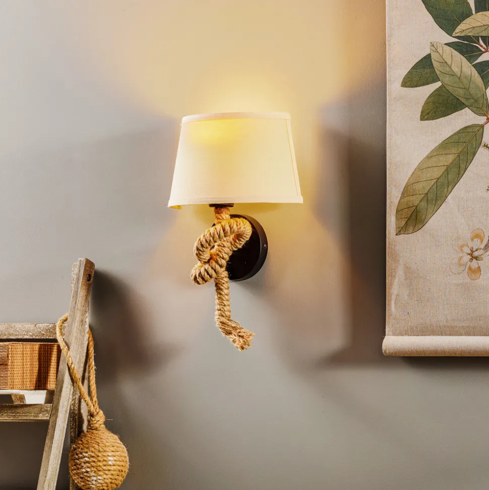 Vegglampe Corda med tekstilskjerm og tau-dekor