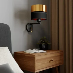 Vegglampe Hilton svart/gull med LED-leselampe