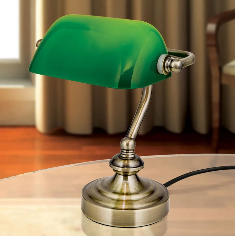 Zora - bordlampe i bankerstil, grønn glasskjerm