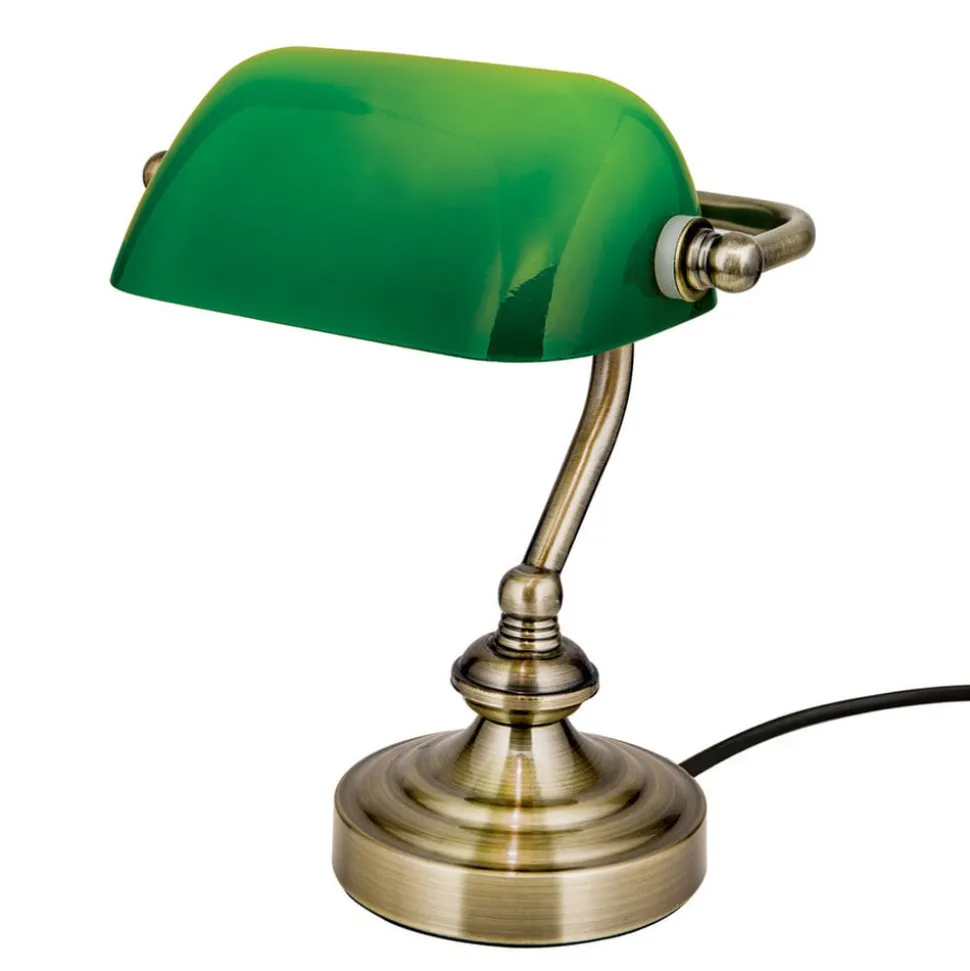Zora - bordlampe i bankerstil, grønn glasskjerm